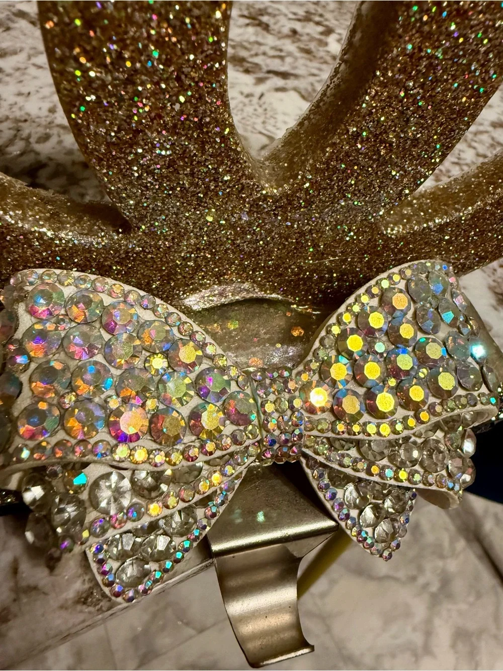 Glitter Rhinestone Bow Christmas Stocking Holder Glam Mantel Decor Handmade